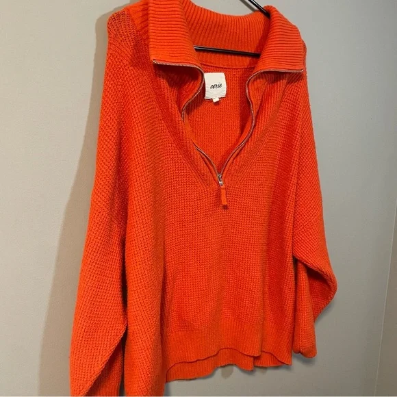 Aerie CozyUp Waffle Quarter Zip Sweater Bold Starburst Red/Orange Women’s XL - Picture 4 of 8